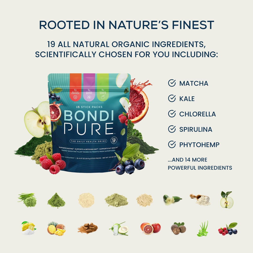 Bondi Pure - Daily Health & Detox Drink - Promote Gut Health & Energy Support During a Cleanse or Intermittent Fasting - Plant-Based Fibers, Alkalizing Super Greens - Variety Stick Pack (30 Servings)