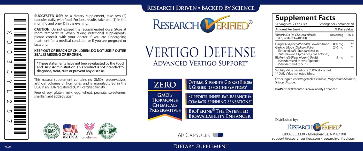 Research Verified Vertigo Defense - Soothe Symptoms and Support Inner Ear Balance - Vitamin D3, Ginger, Ginkgo Biloba, BioPerine - 180 Capsules