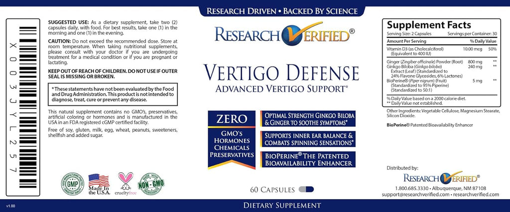 Research Verified Vertigo Defense - Soothe Symptoms and Support Inner Ear Balance - Vitamin D3, Ginger, Ginkgo Biloba, BioPerine - 60 Capsules