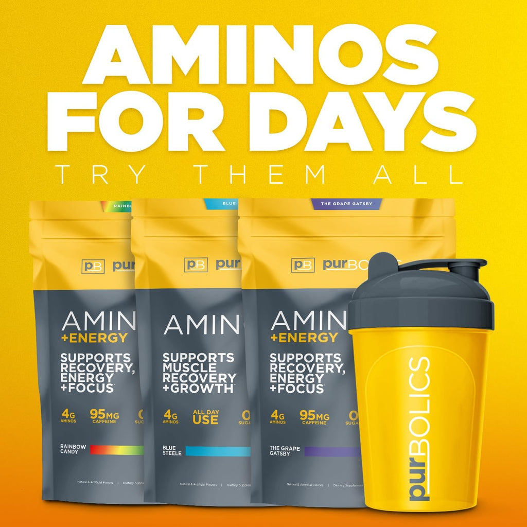 Purbolics Aminos + Energy | Supports Recovery, Energy & Focus | 95mg of Caffeine, 0 Sugar & 60 Servings (Sour Rainbow Candy)
