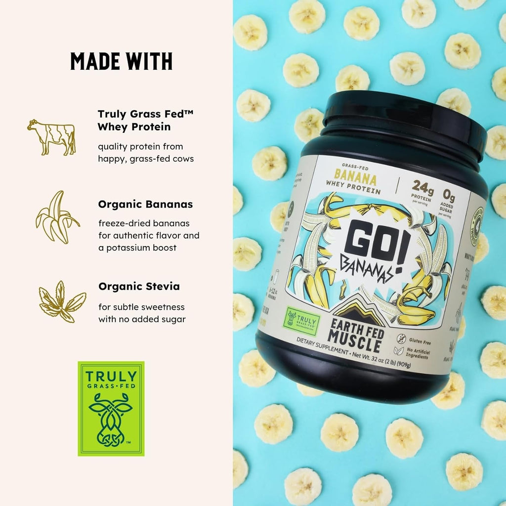 Earth Fed Muscle Go! Bananas Irish Grass‑Fed Whey Protein Isolate – All Natural Banana Flavor, Zero Added Sugar, Soy‑Free, Gluten‑Free (2lb, 27 Servings, Banana)
