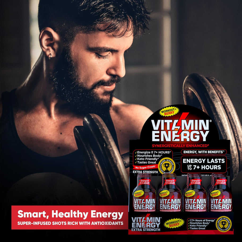 Vitamin Energy Workout+ Extra Strength Energy Shot Berry 12 Pack, 260mg Natural Caffeine, Pre-Workout, B-Vitamins, Minerals, Endurance & Performance, Zero Sugar, Gluten-Free, Vegan, 1.93 fl oz