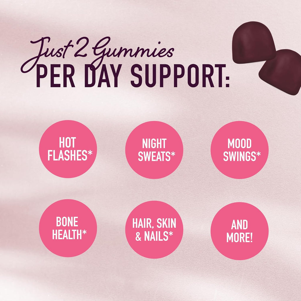 Menopause Support Gummies | Hormone Balance Relief for Hot Flashes, Night Sweats, Mood Swings, & Bloating | with Phytoestrogen Soy, Vitamin D3, PABA, Biotin | Vegetarian, Gluten-Free | 60 Count