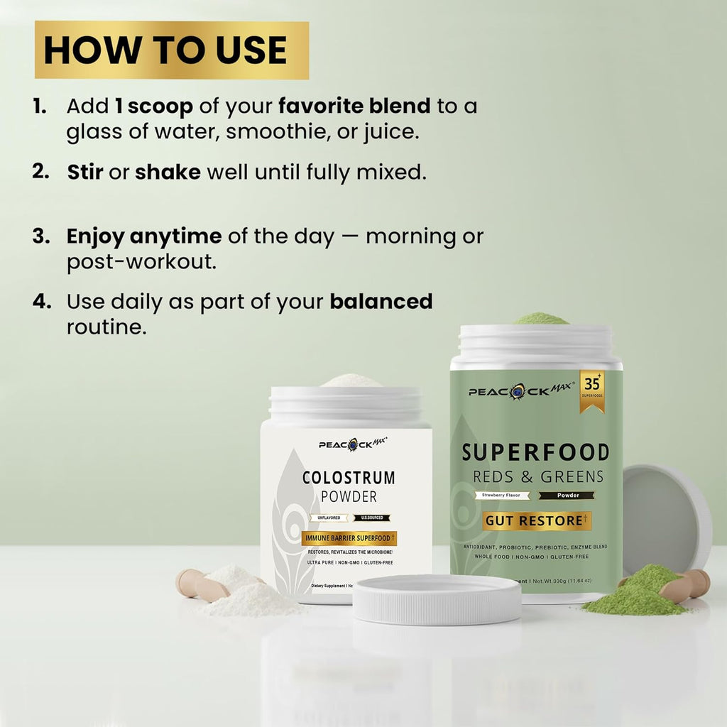Superfood Reds & Greens 11.64 oz & Colostrum Powder 60g - Daily Superfood Drink Mix with Prebiotics, Probiotics & Enzymes, Nutrient Rich Blend for Gut Balance & Overall Wellness