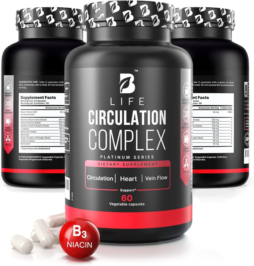 Circulation Support Supplement for Vein & Artery Health | Vascular Support with L-Arginine, Horse Chestnut & Butcher’s Broom | Promotes Healthy Leg Circulation & Vein Function | 60 Capsules