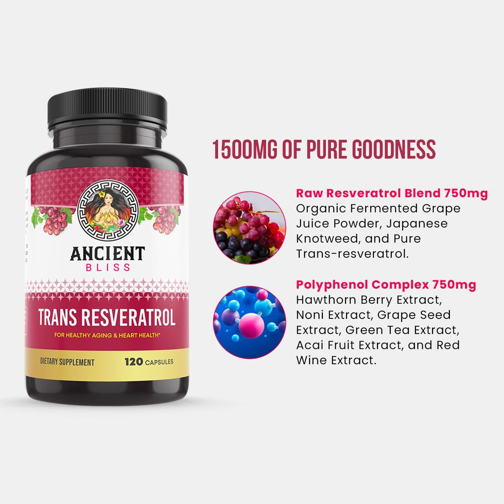 Ancient Bliss Resveratrol Powerful Antioxidant Supplement with Green Tea, Grape Seed Extract for Healthy Aging for Men & Women