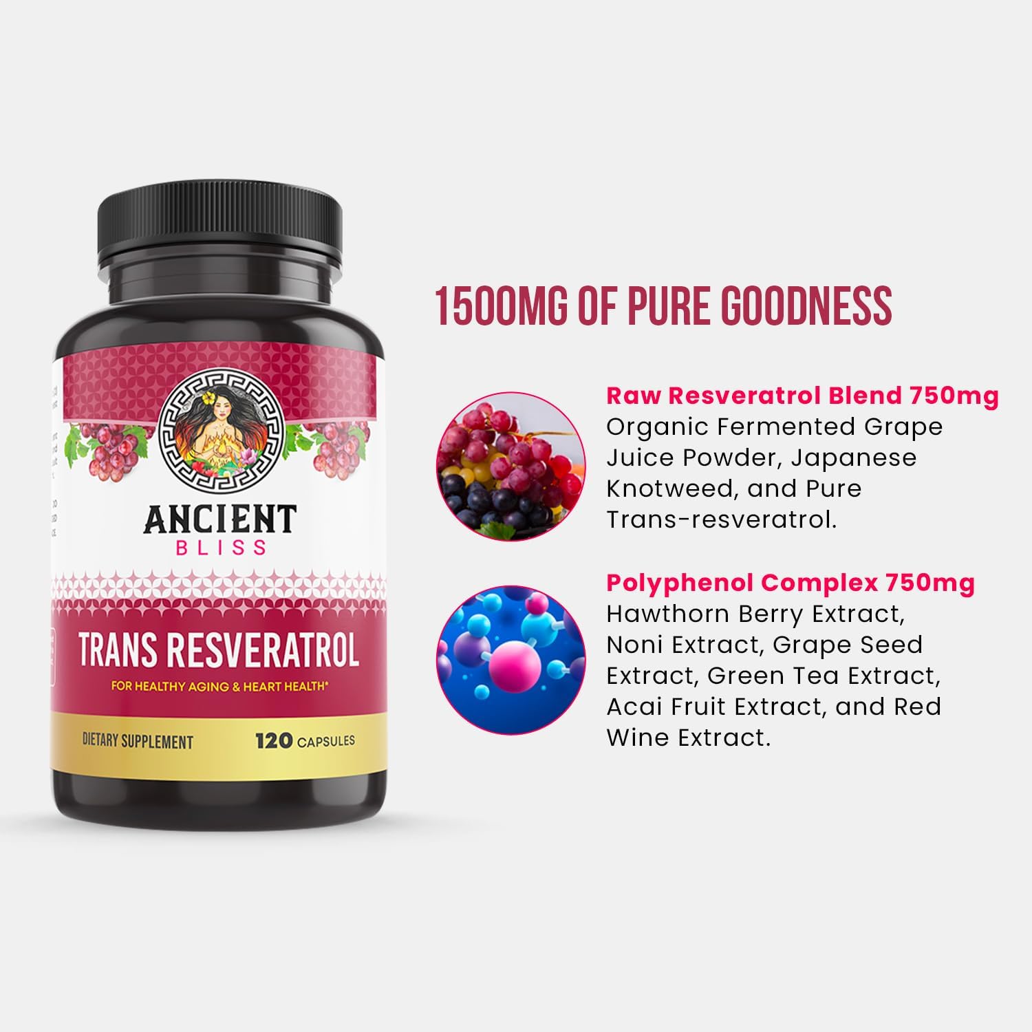Ancient Bliss Resveratrol Powerful Antioxidant Supplement with Green Tea, Grape Seed Extract for Healthy Aging for Men & Women