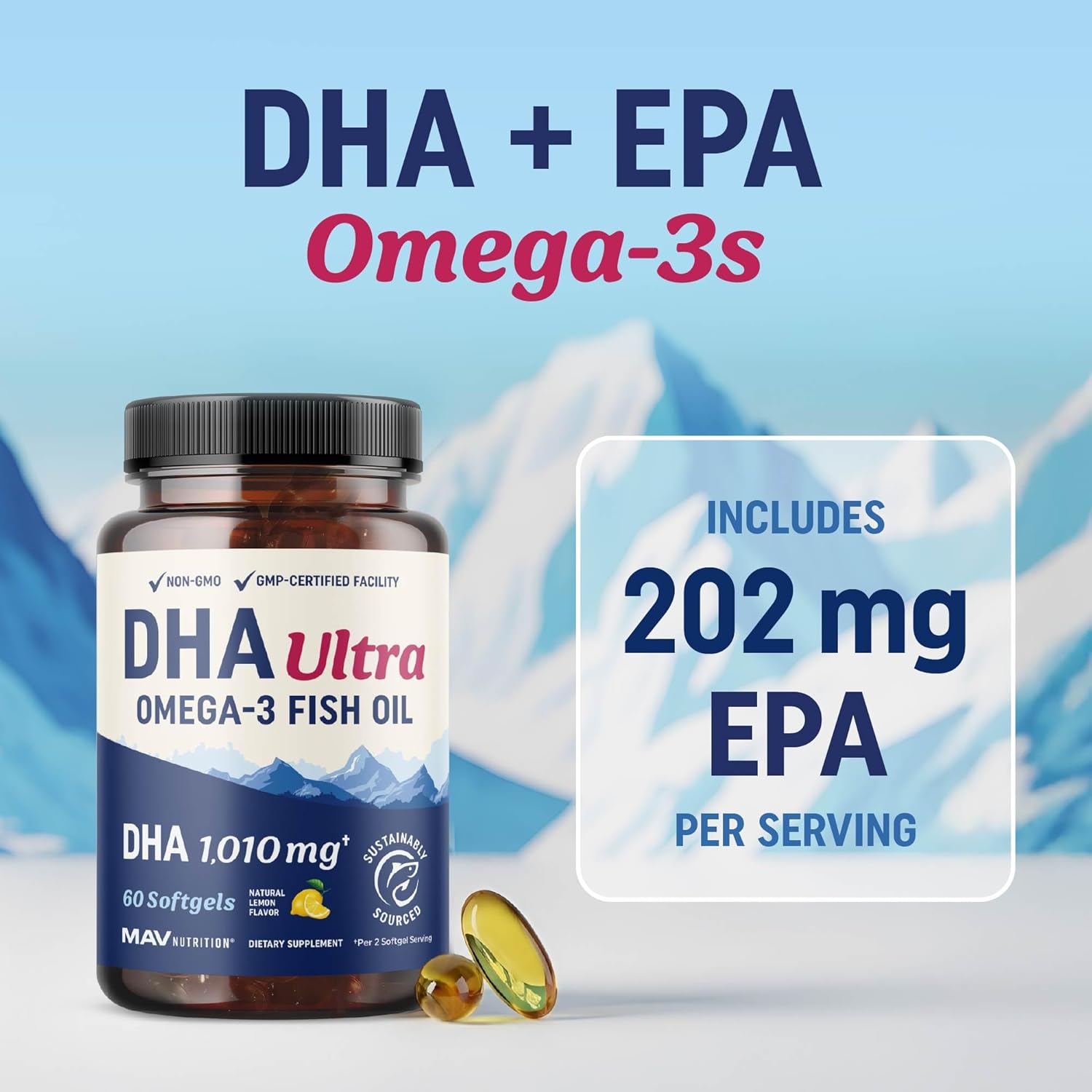 DHA Ultra 1,010MG | Brain & Cognitive Health Support | Omega 3 Fish Oil | 1,414MG Total Omega-3s | High Strength DHA Supplements | Third-Party Tested, Sustainably Sourced, Gluten-Free | 60 Ct.
