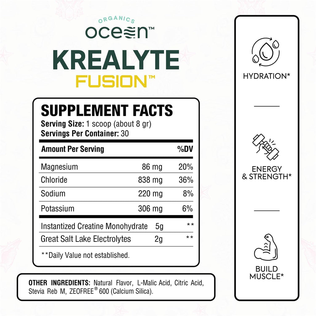 Organics Ocean Krealyte Fusion - Instantized Creatine Monohydrate Powder with Electrolytes - Muscle Strength, Endurance & Hydration Support - Vegan, Sugar-Free, Pink Lemonade Flavor - 60 Servings