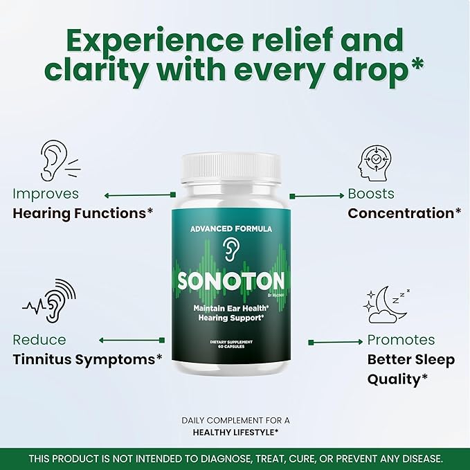 Sonoton Capsules - Official Ear Health Support Pills Premium Advanced Formula All Natural Supplement Multivitamin for Overall Ear & Hearing Wellness, 60 Capsules for 1 Month