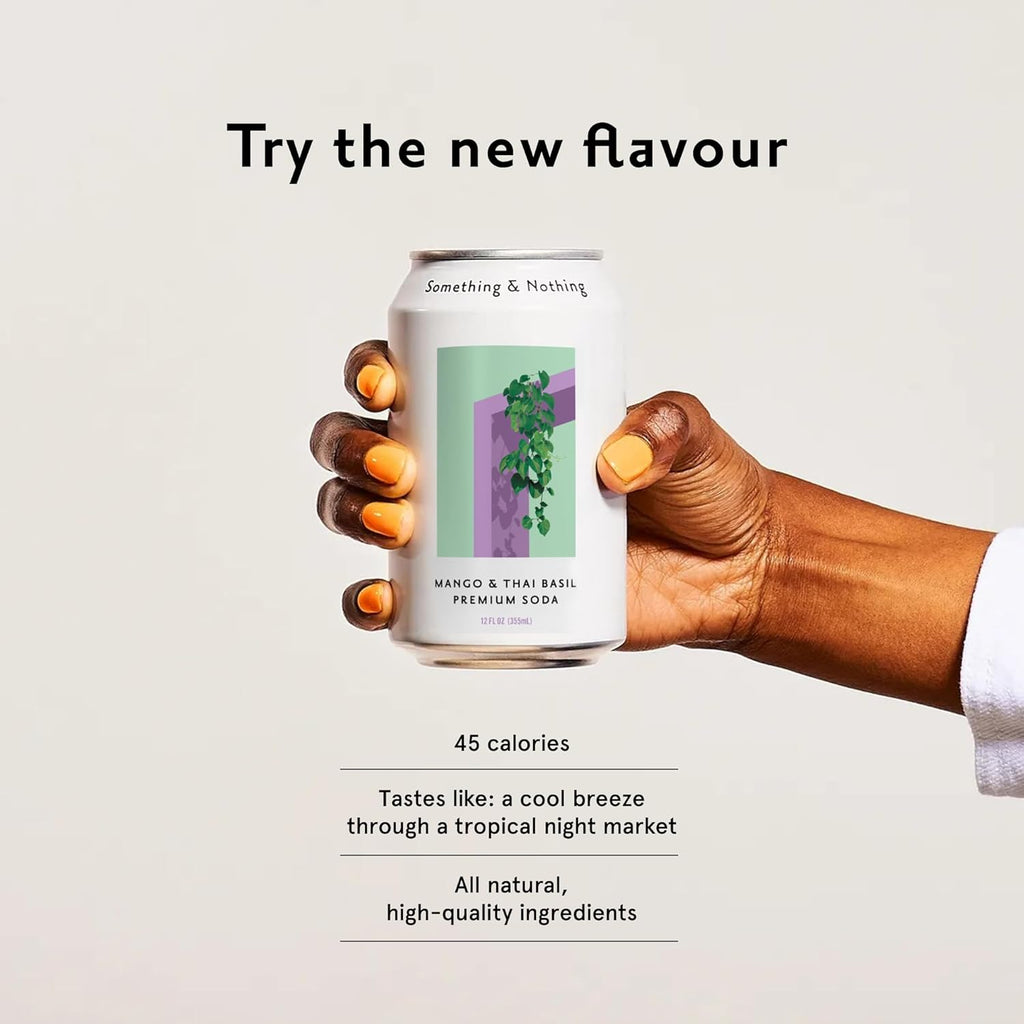 Something & Nothing Mango & Thai Basil Flavored Sparkling Water | Lightly Carbonated & Full of Flavor with Added Grape & Lemon Juice | Vegan & Low Calorie Premium Soda | 12 Fl Oz Cans (Pack of 12)