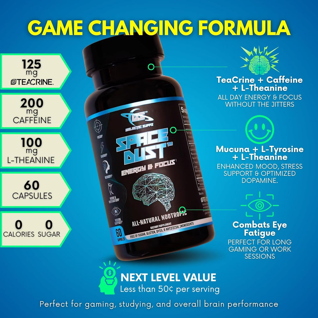 Space Dust Brain Supplement – Focus, Energy & Mood Support – 8-in-1 Nootropic for Brain Fog & Reaction Time – with TeaCrine, L-Theanine, L-Tyrosine, Mucuna – Gamer & Professional Formula