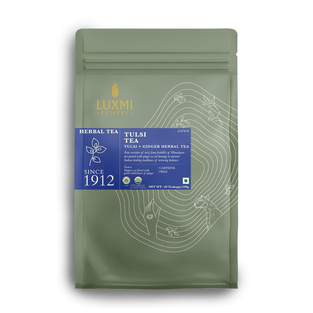 Luxmi Estates, Organic Tulsi Tea, 50 Tea Bags, Caffeine Free, Non-GM and Organic, for Immunity, Inflammation, and Stress Relief