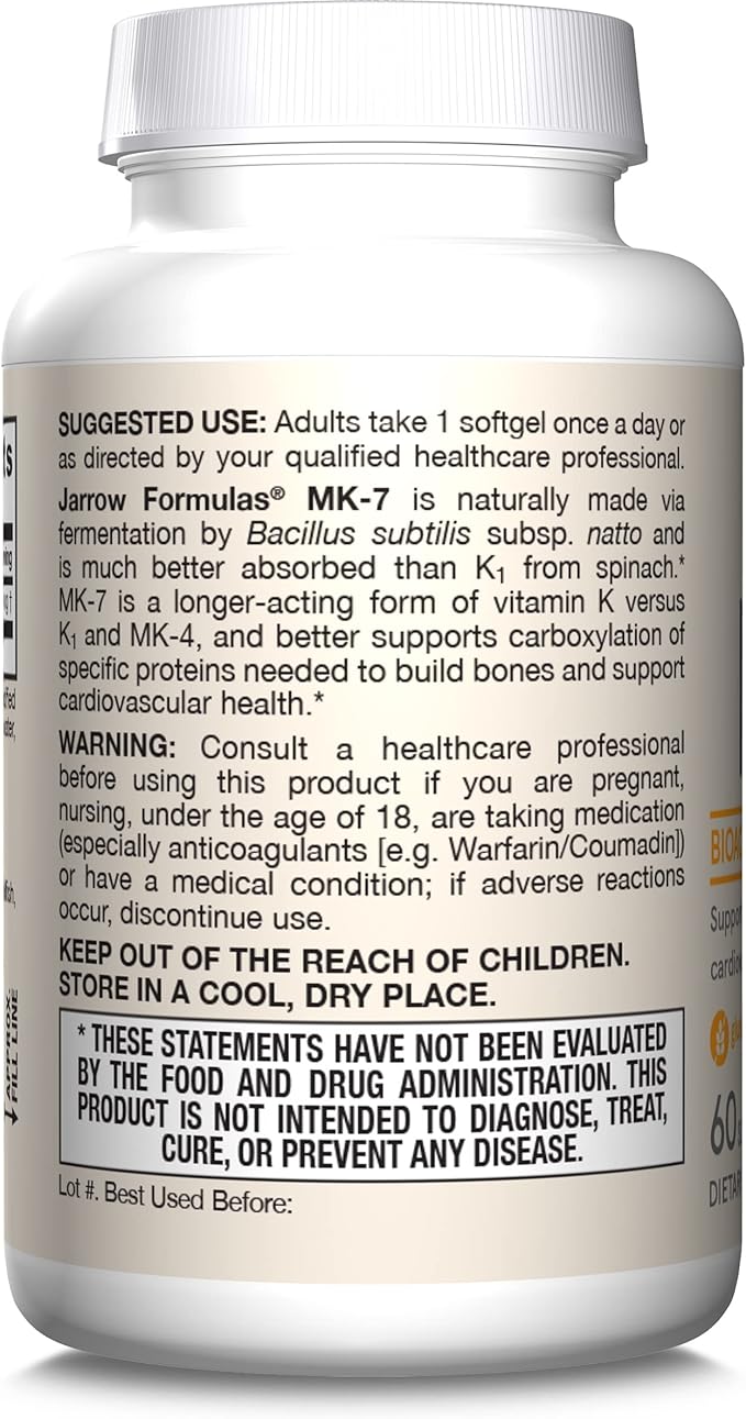 Jarrow Formulas MK-7 90 mcg - Bioactive Form of Vitamin K2-60 Servings (Softgels) - for Bone & Cardiovascular Health - Vitamin K2 MK-7 Dietary Supplement - Gluten Free