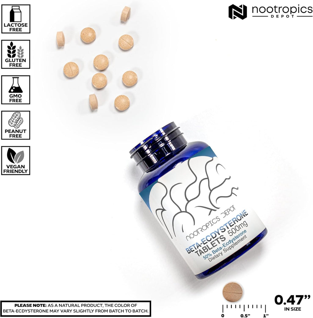 Nootropics Depot Beta Ecdysterone/20-Hydroxyecdysone 50% Tablets | 500mg | Cyanotis Arachnoidea Extract | Phytoecdysteroid | 90 Count