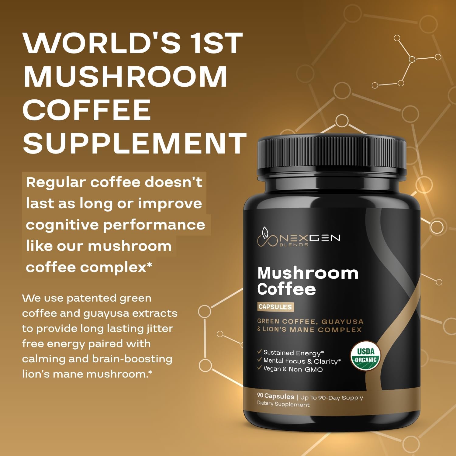 100% Organic Mushroom Coffee Capsules - Natural Energy Supplement with 130mg Caffeine from Clinically Proven Patented Green Coffee Bean & Guayusa Extracts for Jitter-Free Energy & Focus (90 Servings)