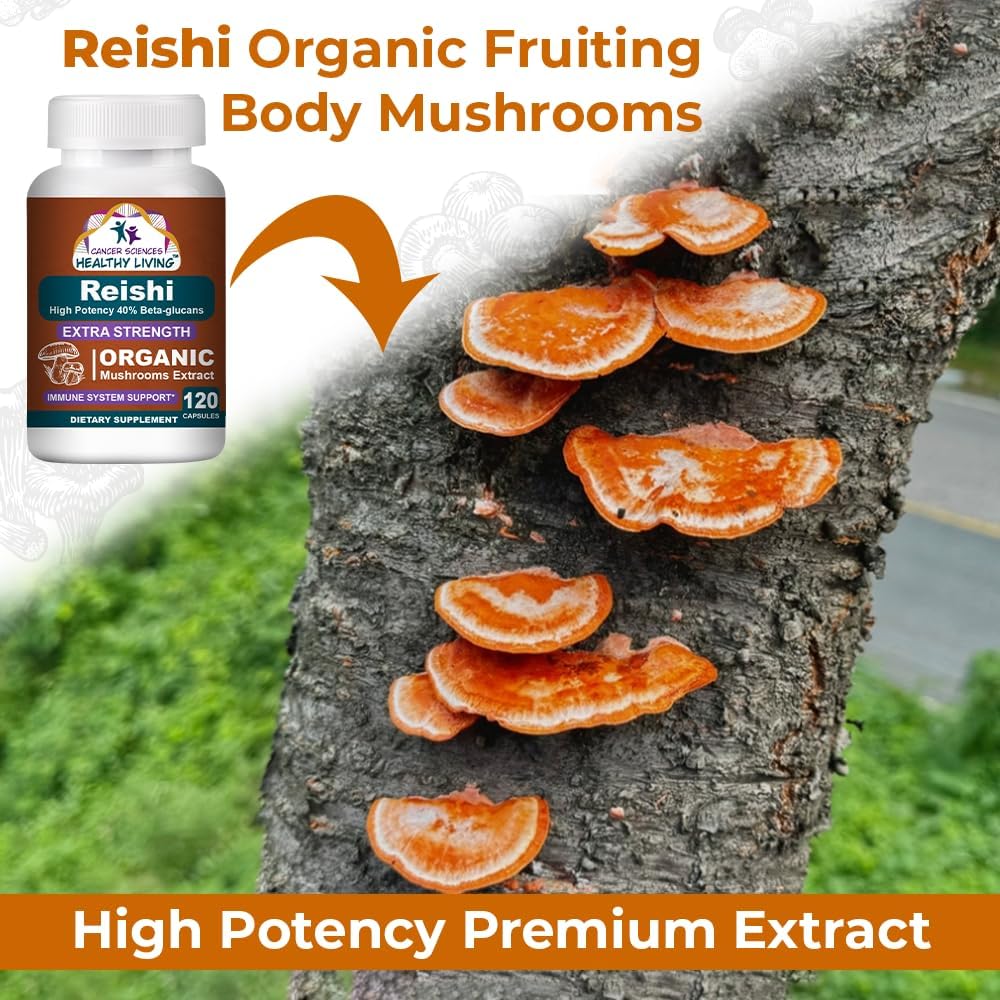 CANCER SCIENCES Reishi Wellness Mushroom Supplement Capsules, USDA Certified Organic Mushrooms Extract, Extra Strength 1,500 mg, High Potency 40% Beta-Glucans, Immune Support, Anti-aging, 120 Capsules