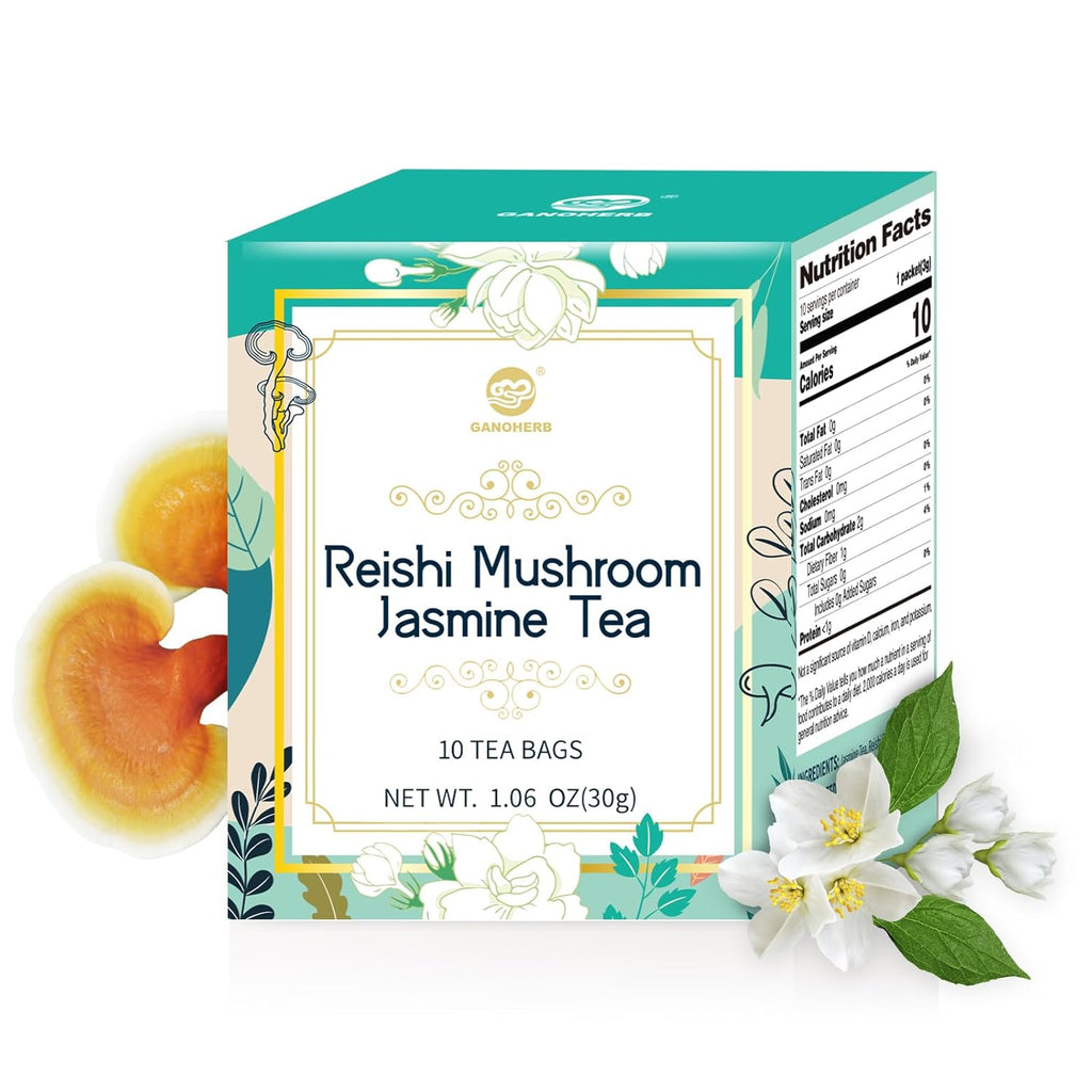GANOHERB Reishi Mushroom Jasmine Tea, Adaptogen Ganoderma Lucidum Herbal Tea for Immune Health Boost, Stress Relief, Caffeine-Free, No Sugar, 1.06 OZ