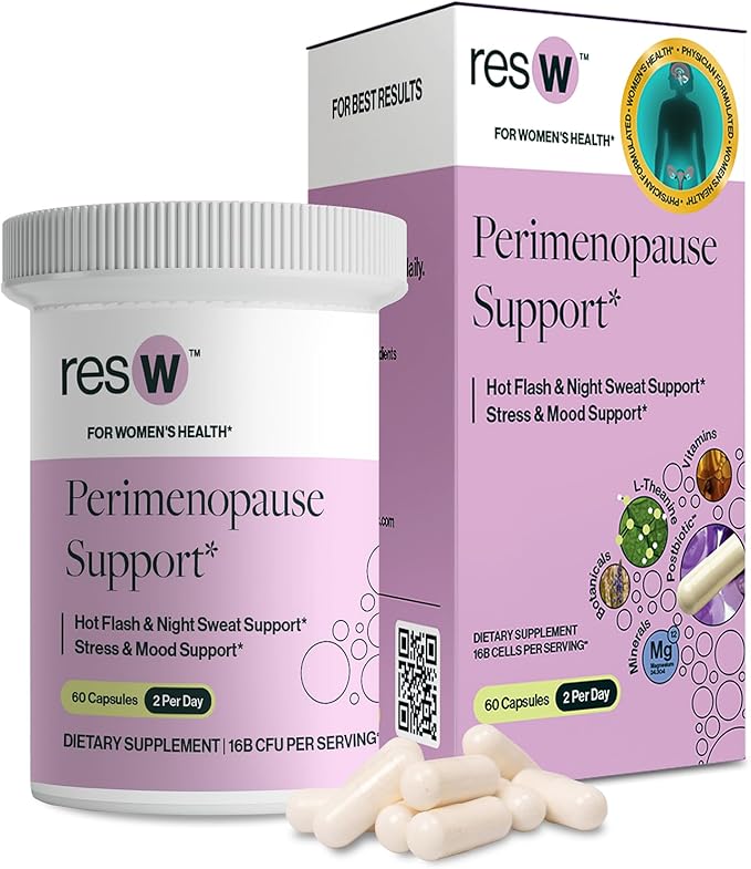 resW Perimenopause Postbiotic Supplement for Women - Hot Flash Support, Night Sweat Relief, Hormone Free, Vegan, Gluten Free, Non GMO, Plant Based Gut Health Support - 60 Capsules