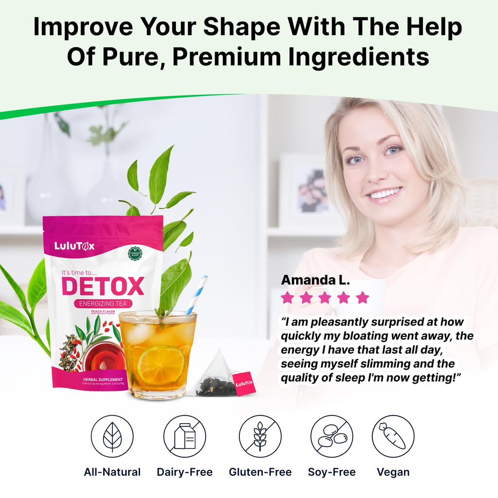 LULUTOX Detox Tea - Slimming Tea with Dandelion and Ginseng to Support Goals for Detox Cleanse, Flat Belly, Bloating, Healthy Weight and Digestive Health - Women & Men - Peach Flavor (28 Servings)