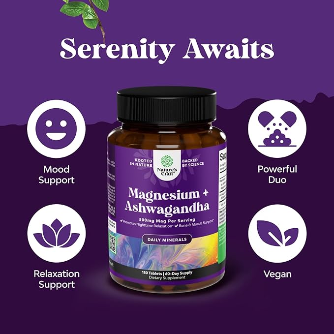 Pure Calm Relaxing Magnesium Glycinate Supplement with Ashwagandha - Magnesium for Stress Support & Rest Ease for Adults - High Absorption Tablets for Bone Support & Muscle Cramps - 180 Count