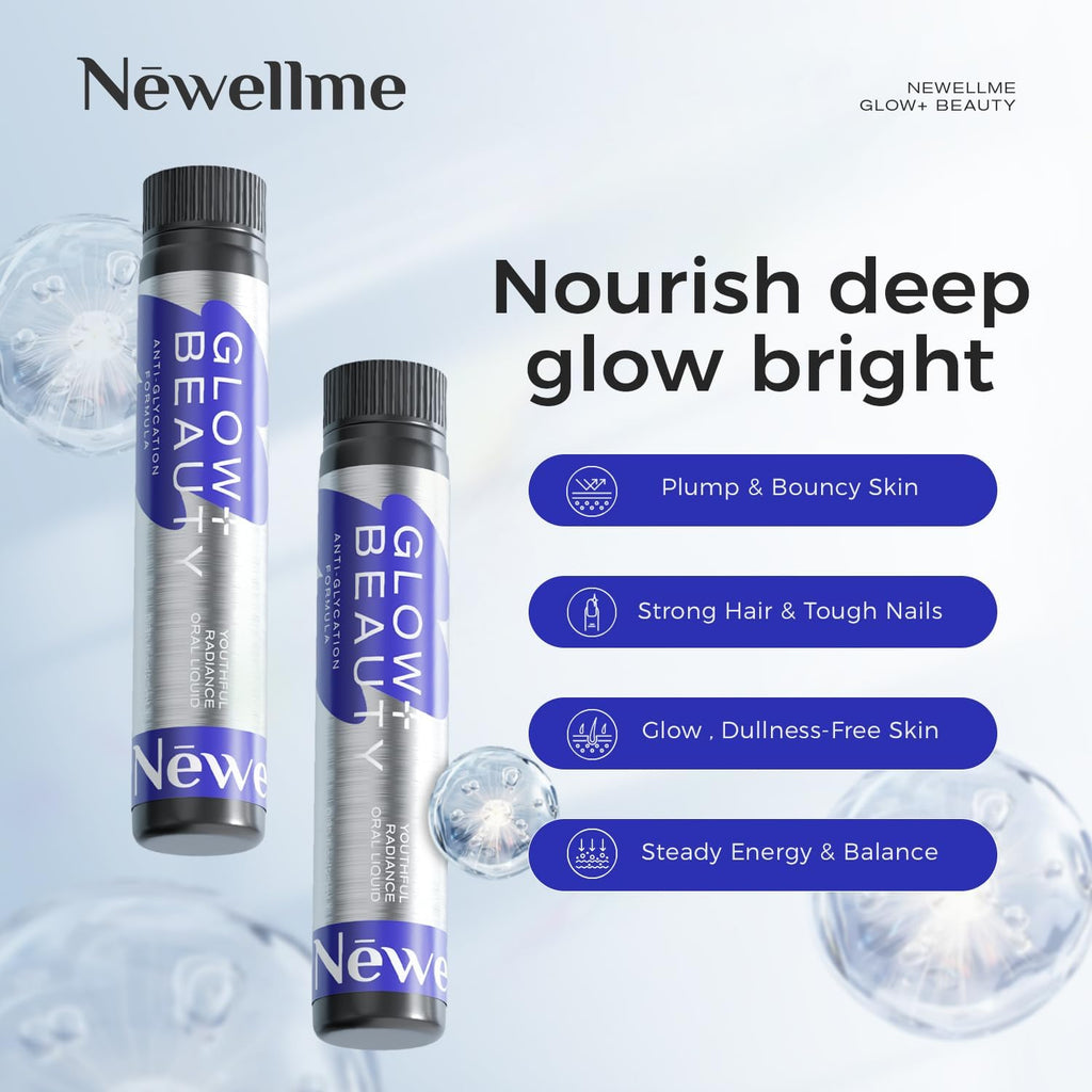 NEWELLME Glow+Beauty Collagen Drink – Liquid Beauty Supplement with Hyaluronic Acid & Antioxidant Complex, Supports Skin Hydration, Hair & Nail Strength, 28 Bottles