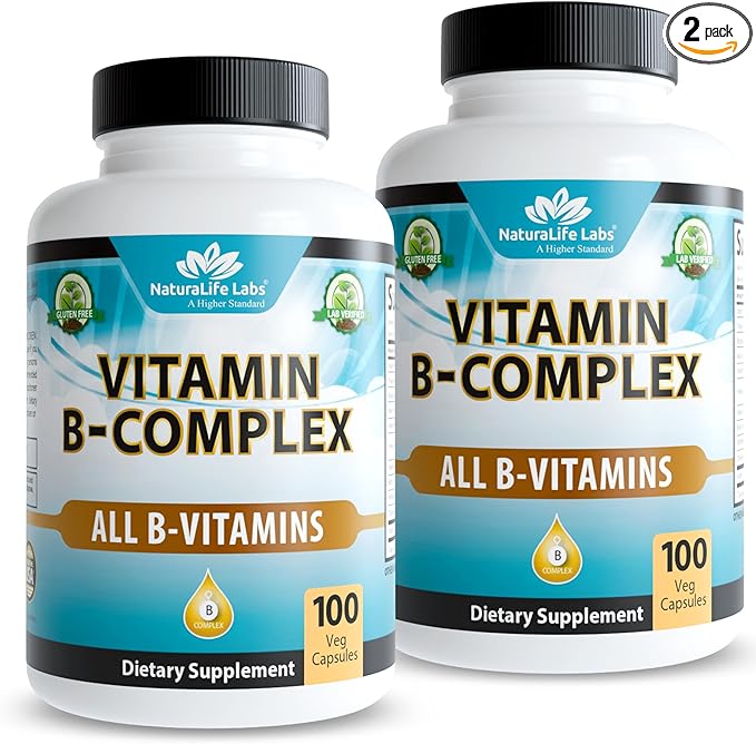 Vitamin B-Complex with Vitamin C – Includes Active B2 (Riboflavin-5-Phosphate), B6 (Pyridoxal-5-Phosphate), B9 (5-MTHF) and B12 (Methylcobalamin); plus B1, B3, B5 and B7 – 100 Capsules (2 Pack)
