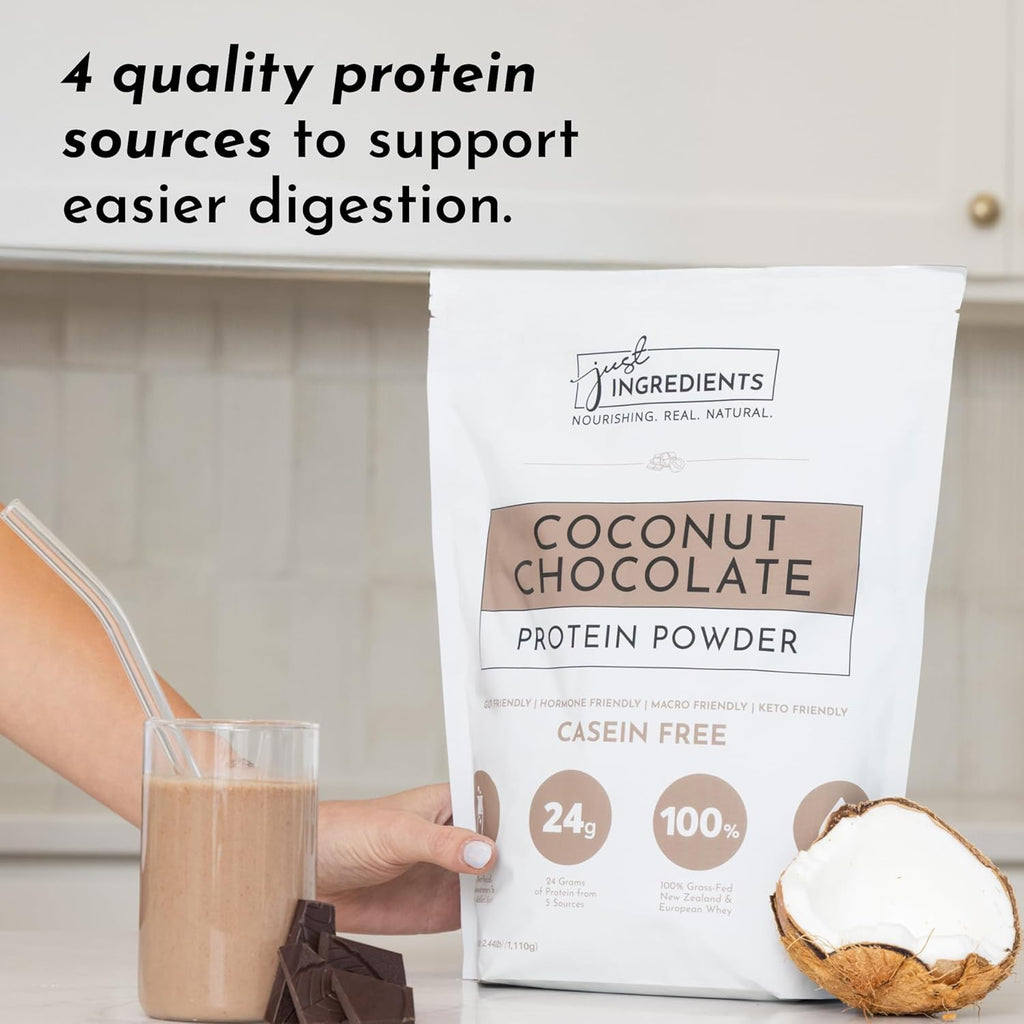 JUST INGREDIENTS Coconut Chocolate Protein Powder – 30-Serving Blend with 100% Grass-Fed Whey & Organic Plant Proteins – Creamy Coconut Cocoa Flavor – Supports Muscle Recovery, Energy*