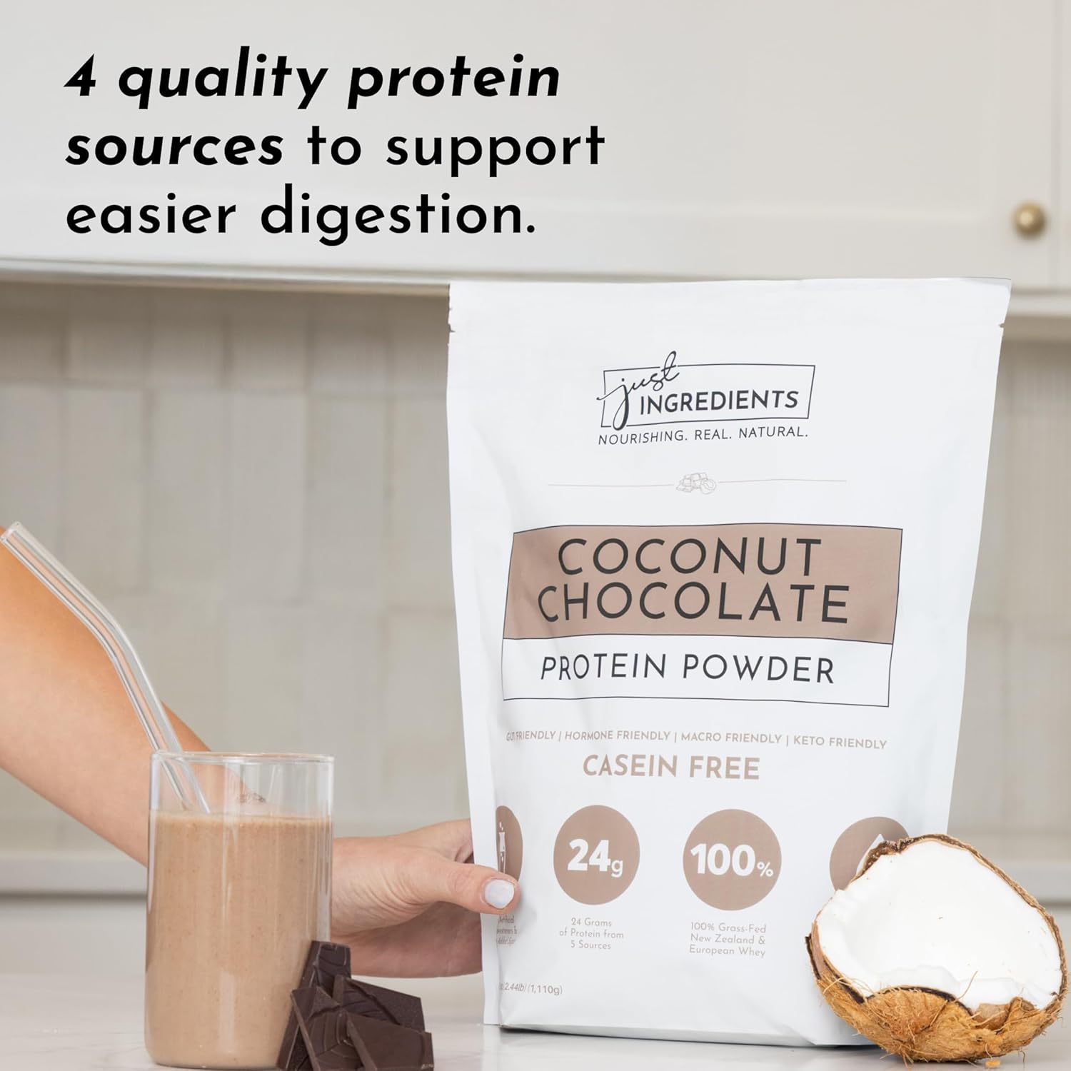 JUST INGREDIENTS Coconut Chocolate Protein Powder – 30-Serving Blend with 100% Grass-Fed Whey & Organic Plant Proteins – Creamy Coconut Cocoa Flavor – Supports Muscle Recovery, Energy*