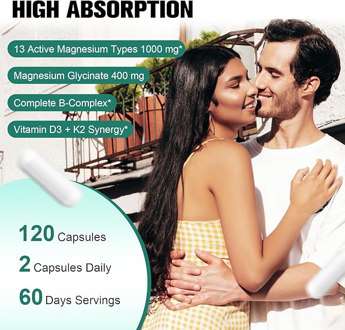 25-in-1 Magnesium Complex with Methylated B Complex Magnesium Glycinate Citrate Malate Taurate Gluconate Aspartate Carbonate D3 K2, Magnesium Supplement for Relaxation Energy & Nerve, 120 Vegan Caps