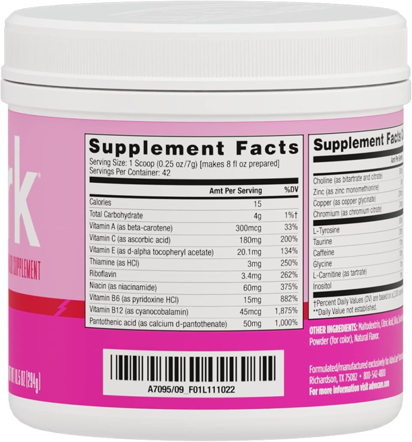 AdvoCare Spark Vitamin & Amino Acid Supplement - Focus & Energy Drink Powder Mix with Vitamin A, B-6, C & E - Also Includes L-Carnitine & L-Tyrosine - Pink Lemonade - 10.5 oz