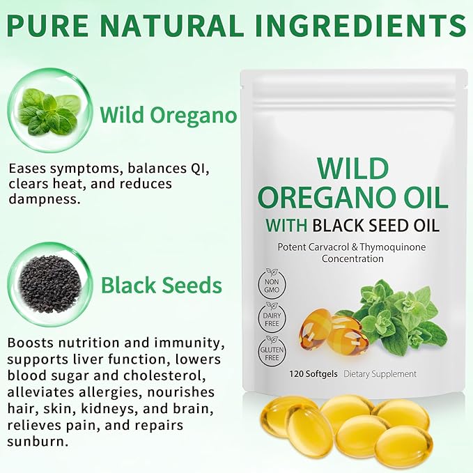 Oil of Oregano Softgels, 120 Count Oregano Oil Capsules, 165mg Carvacrol, 2 in 1 Formulated Oil of Oregano with Black Seed Oil 200mg, Oregano Oil Supplement Capsules