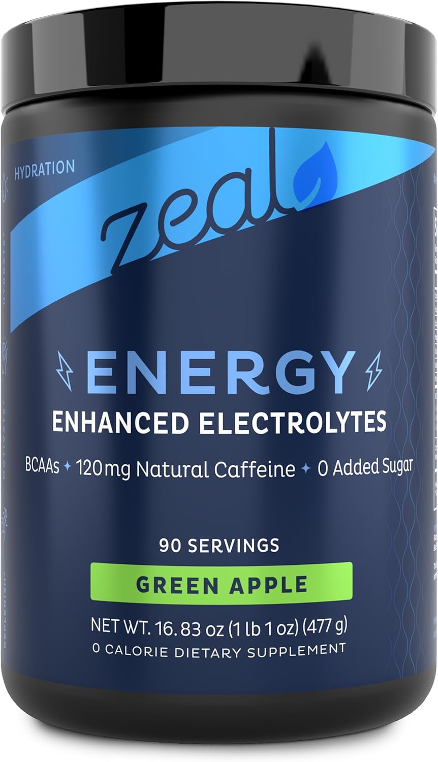 Zeal Electrolyte Powder - 90 Servings | Keto Electrolytes Powder | Zero Sugar, BCAAs, B-Vitamins | Potassium, Zinc, Magnesium | Hydration Powder Recovery Drink | Green Apple