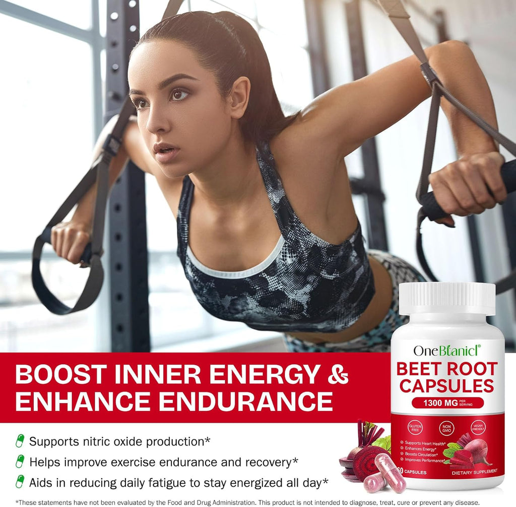 Organic Beet Root Capsules, Beetroot Capsules 1300mg, Beetroot Powder Supports Nitric Oxide Production, Blood Pressure, Enhances Energy, Digestive & Immune (60 Count (Pack of 1))