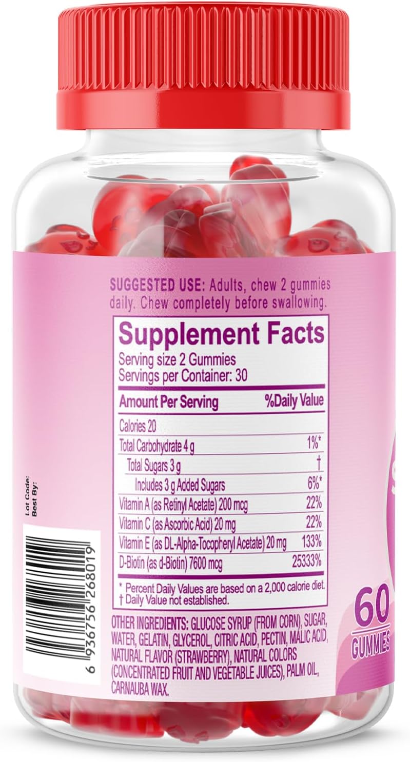 Natural Hair Skin and Nails Vitamins Gummies, 7600mcg Biotin Gummies for Women Men Beauty Support, Non-GMO, Gluten Free (Strawberry Flavor, 60 Count)