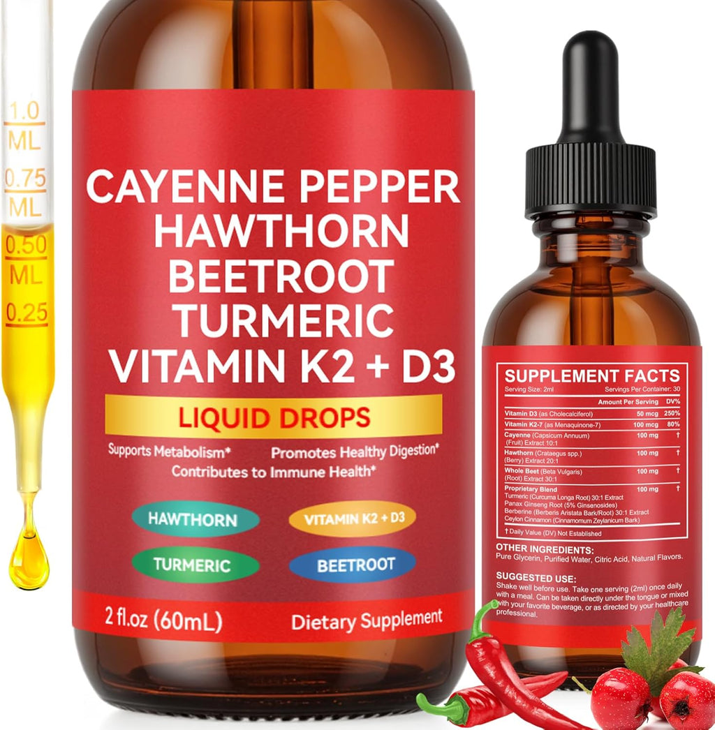 Cayenne Pepper Drops, Cayenne Pepper Supplement Liquid Drops, Cayenne Peppers Extract, Hawthorn Beet Root Turmeric Curcumin, Vitamin K2 & D3, Gentle Formula, Vegan-Friendly, Easily Absorbed