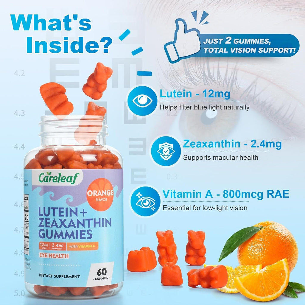 Vegan Lutein Gummies 12mg with Zeaxanthin and Vitamin A for Kids and Adults for Eye Health and Brain Function Supplement Orange Flavor
