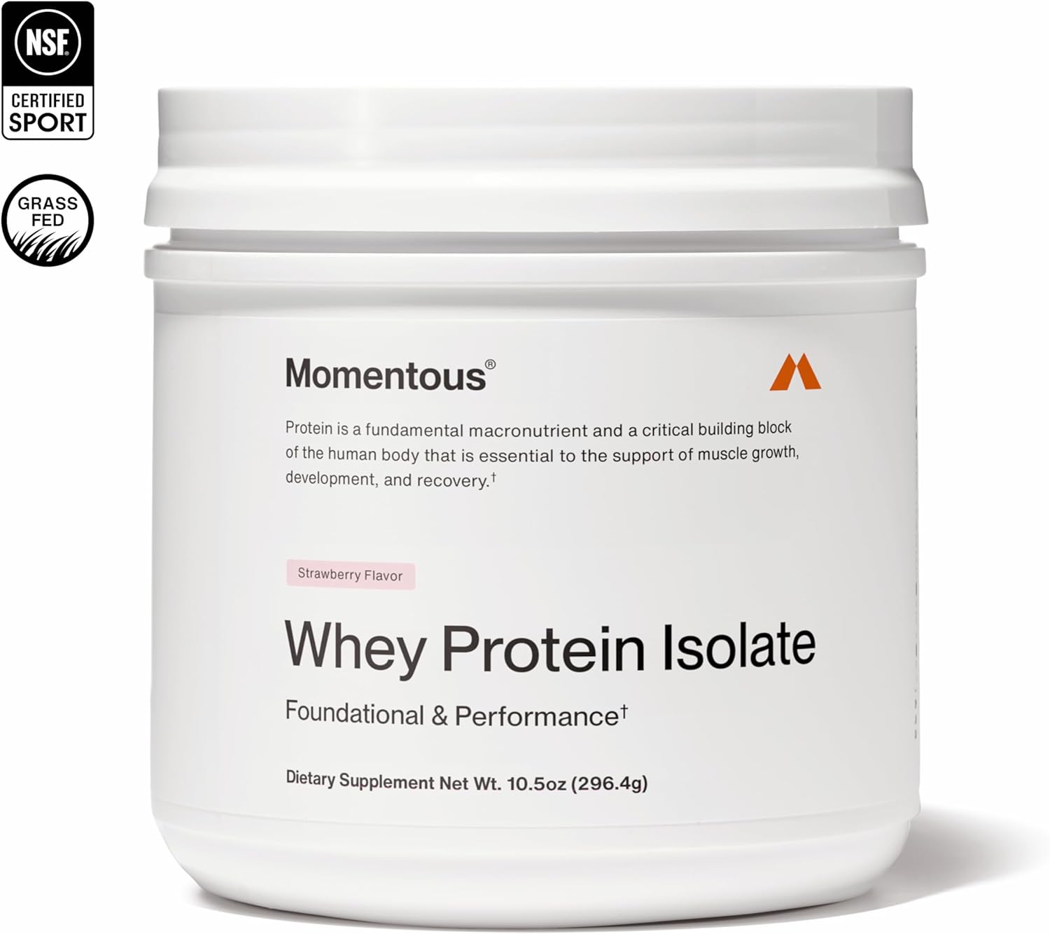 Momentous Essential Grass-Fed Whey Protein Powder - 20 g Whey Isolate Protein - NSF Certified for Sport - Gluten-Free - 12 Servings for Essential Everyday Use - Strawberry - Package May Vary
