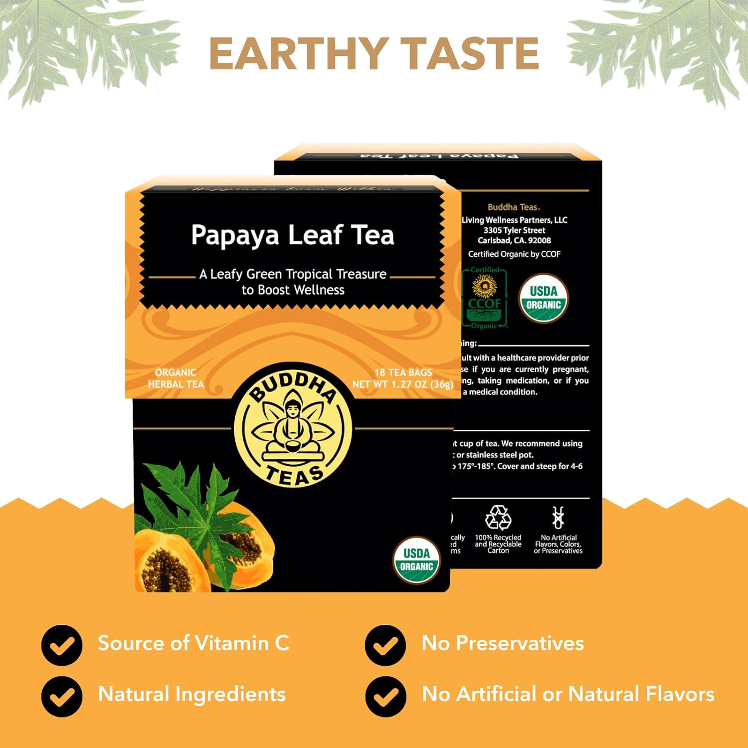 Buddha Teas Organic Papaya Leaf Tea - OU Kosher, USDA Organic, CCOF Organic, 18 Bleach-Free Tea Bags
