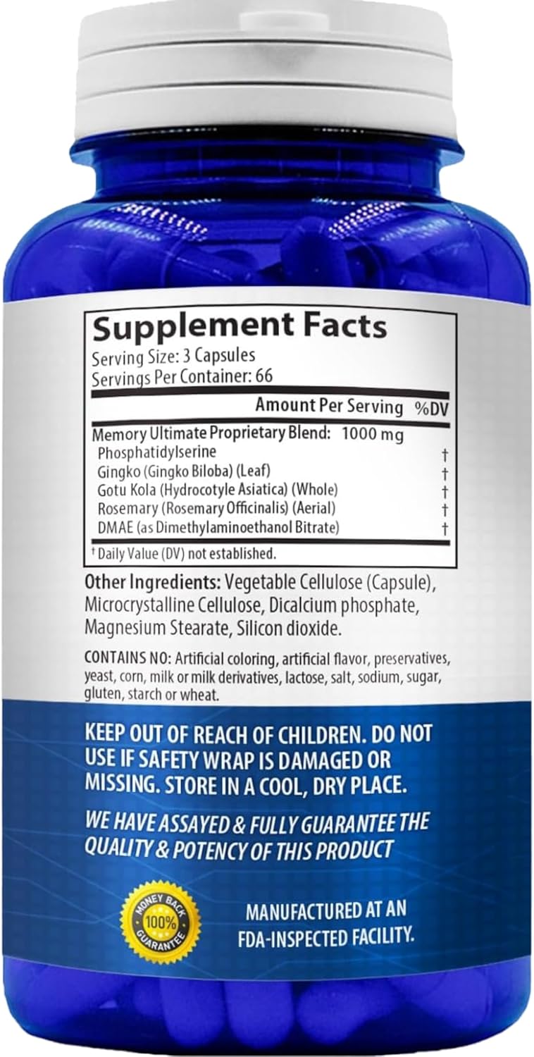 Memory Supplement for Brain Support | Phosphatidylserine Supplement with Memory and Focus Complex with Ginkgo Biloba DMAE Rosemary and Gotu Kola | Made and Tested The USA (66 Day Supply)