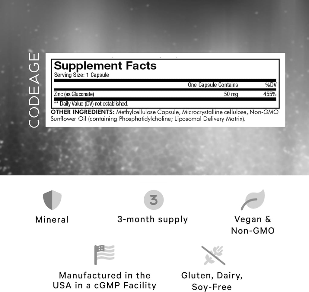 Codeage Liposomal Zinc Supplement – 3 Month Supply – One Per Day - 50 mg Zinc Gluconate Vitamin Pills - Essential Mineral Supplements Zinc Plus Liposomal Delivery Matrix - Vegan Non-GMO - 100 Capsules