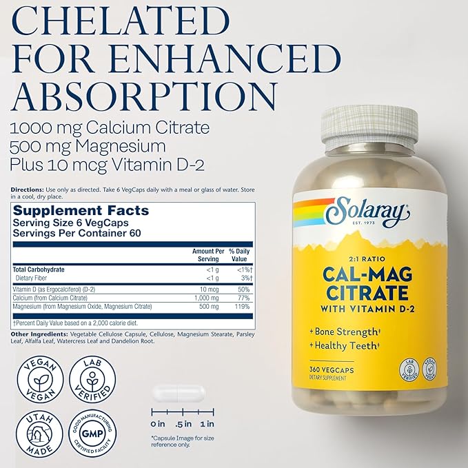 Solaray Calcium Magnesium Citrate 2:1 Ratio - Calcium Supplements for Women and Men w/Magnesium and Vitamin D 2 - Bone Health, Muscle and Nerve Support - Vegan, 60-Day Guarantee, 60 Serv, 360 VegCaps