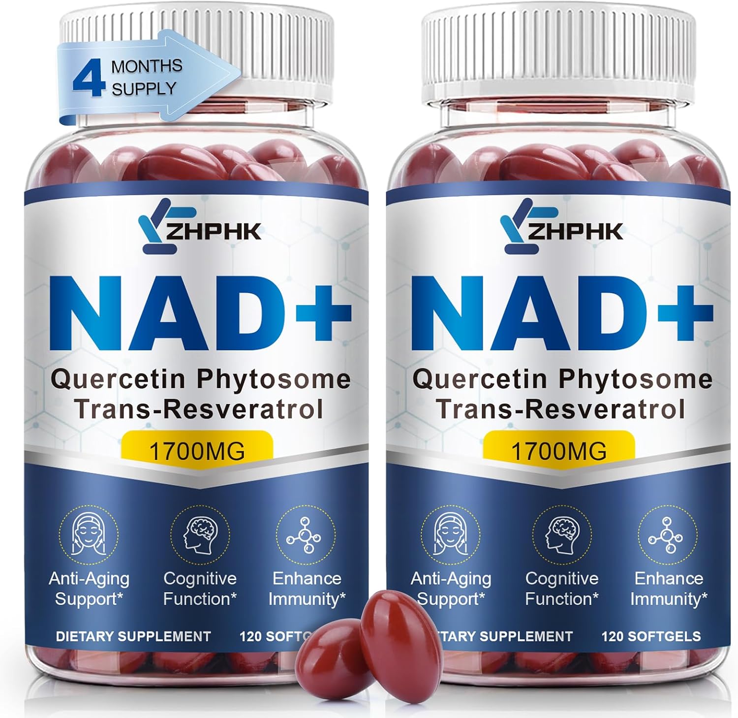 NAD Supplement Softgels 1700mg, Nad Supplements for Women & Men with Nicotinamide Riboside Quercetin Phytosome, Trans Resveratrol & TMG, Boost Energy & Anti-Aging Support 240-Count, 120 Days Supply