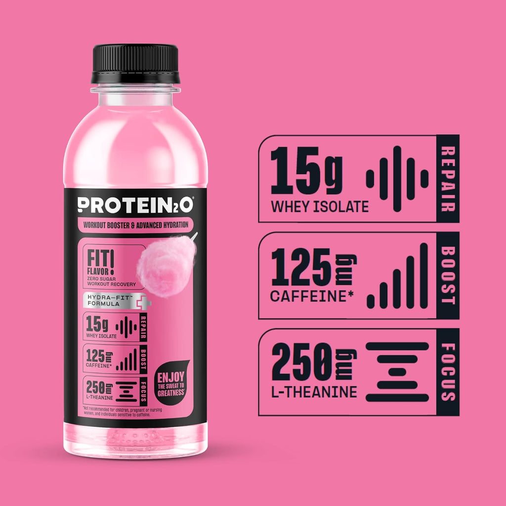 Protein2o 15g Whey Protein Isolate Hydration Drink Plus Energy & Focus, 350mg of Electrolytes, Vitamins B5 & B6, Sugar Free, Cotton Candy, 16.9 oz Bottle (Pack of 12)