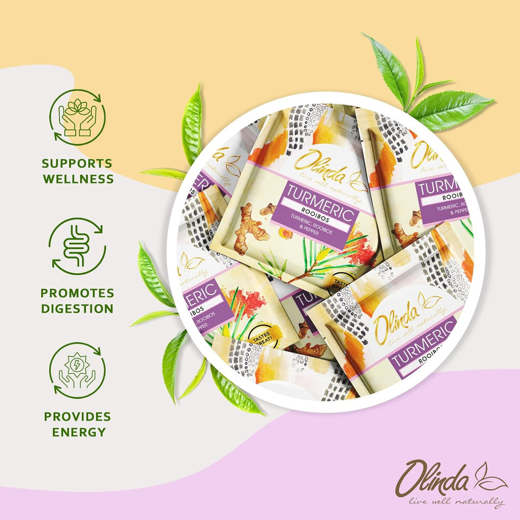 Olinda Turmeric Rooibos and Pepper Herbal Tea Organic Caffeine Free Tea for Weight Loss Detox and Antioxidant Support 28 Tea Bags Hot or Cold Brew