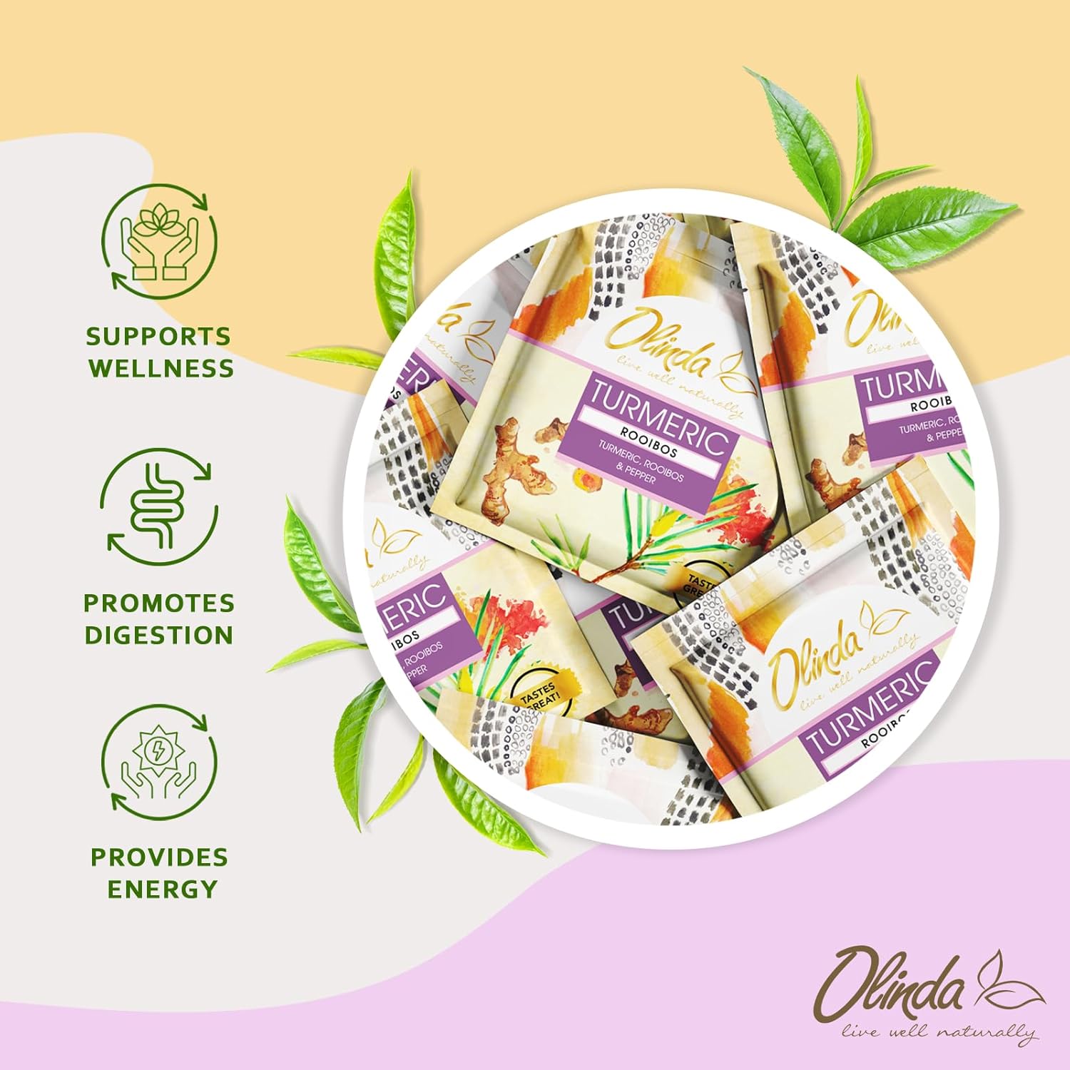 Olinda Turmeric Rooibos and Pepper Herbal Tea Organic Caffeine Free Tea for Weight Loss Detox and Antioxidant Support 28 Tea Bags Hot or Cold Brew