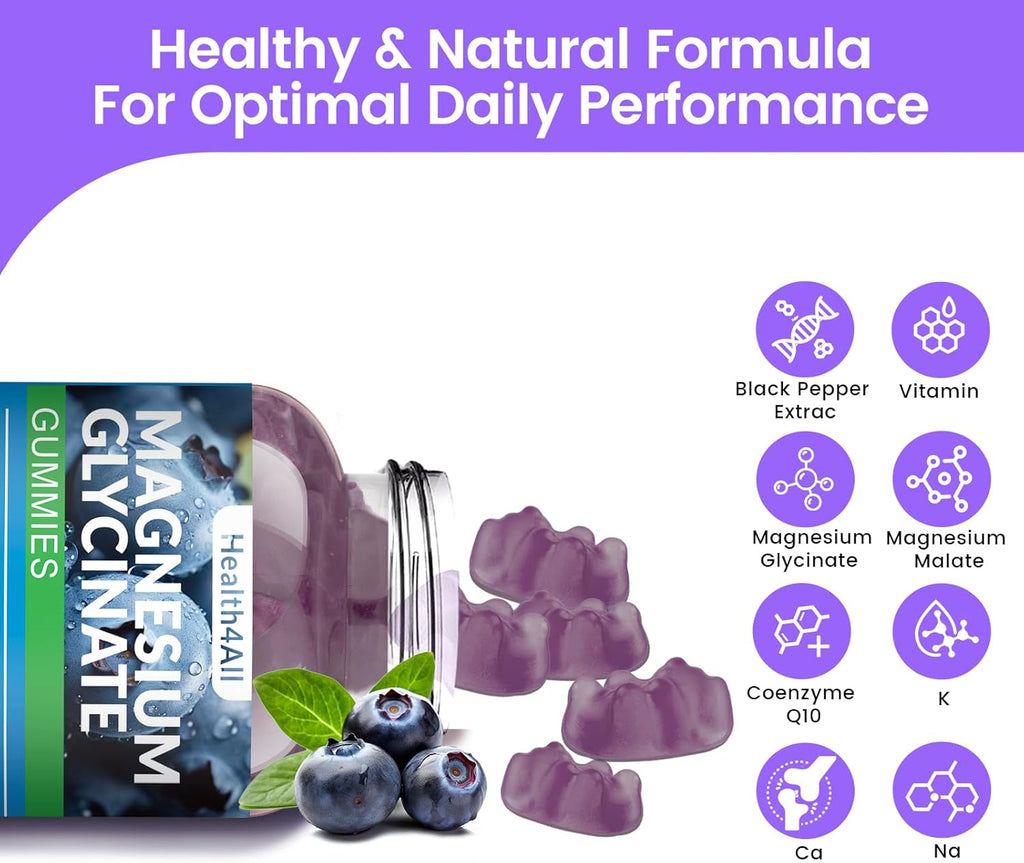 Magnesium Glycinate Gummies 1000mg, High Absorption Sugar Free Magnesium Potassium Supplement for Relaxation, Stress Relief, and Sleep Support for Adults & Kids - 180 Blueberry Gummies