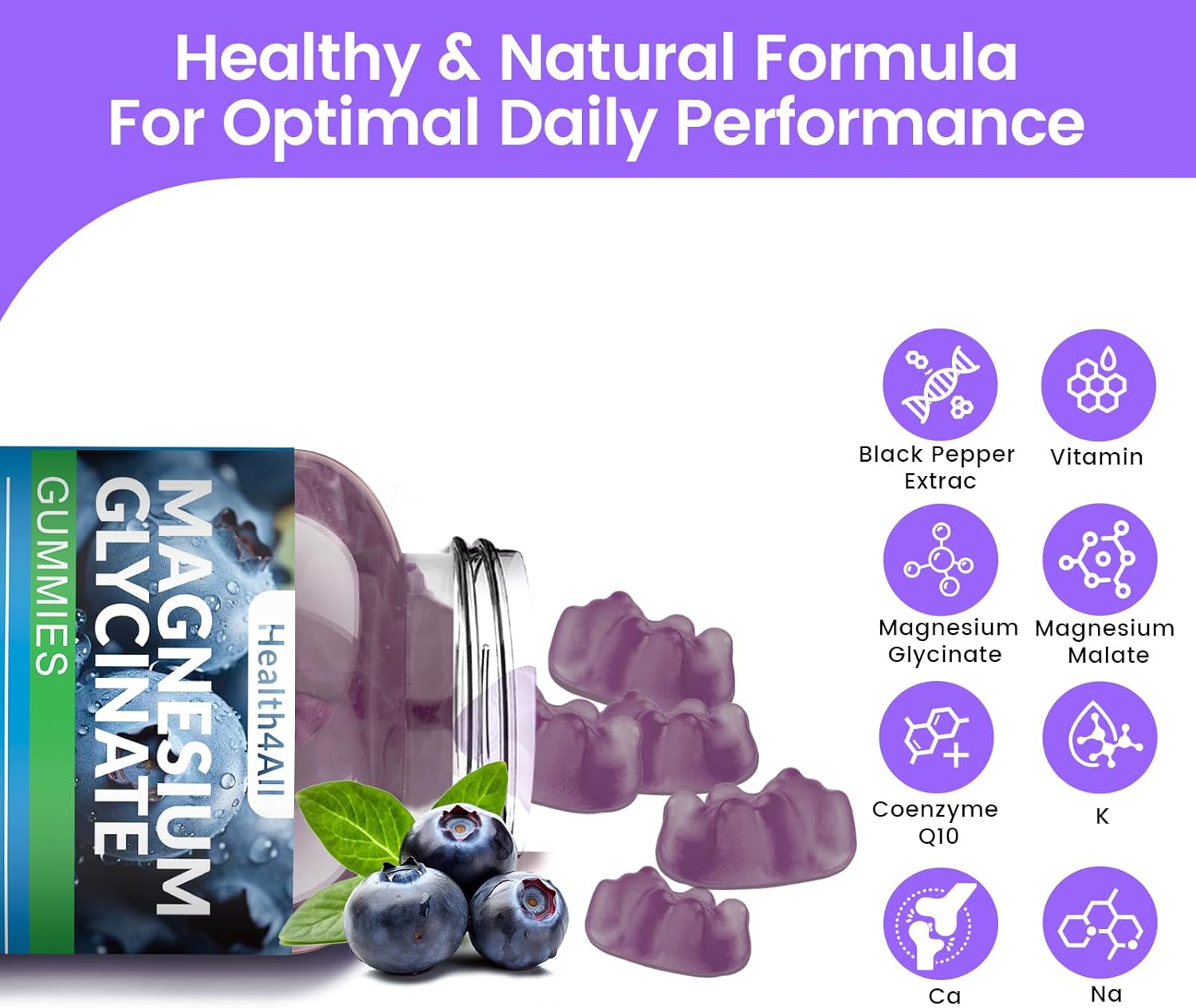 Magnesium Glycinate Gummies 1000mg, High Absorption Sugar Free Magnesium Potassium Supplement for Relaxation, Stress Relief, and Sleep Support for Adults & Kids (Blueberry)