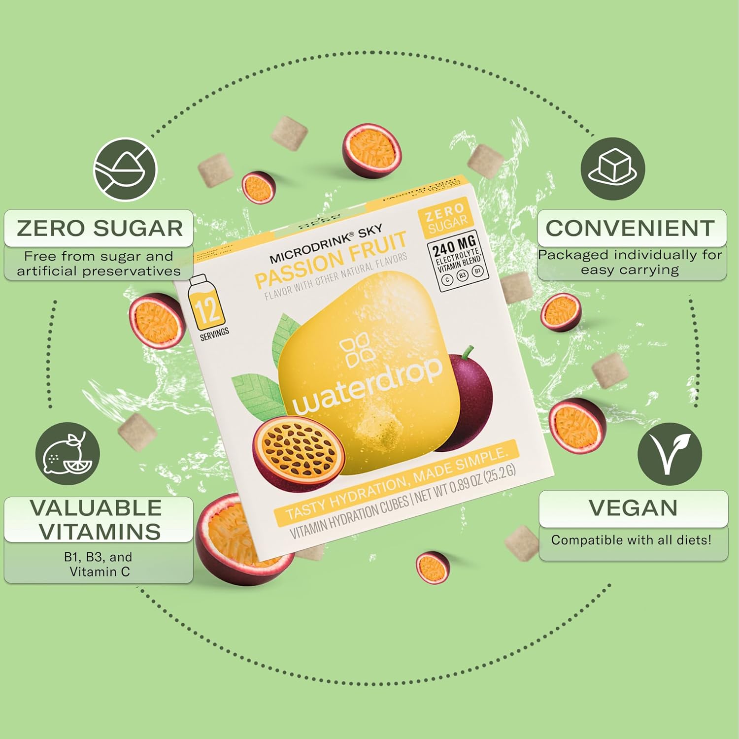 Waterdrop Hydration Cubes, Pineberry, Passion Fruit & Pear, Vitamin C, B1 & B3, On The Go Water Enhancer Drops for Still & Sparkling Water, Low Calorie, Zero Sugar, Gluten Free, Non GMO, Vegan, 24 CT
