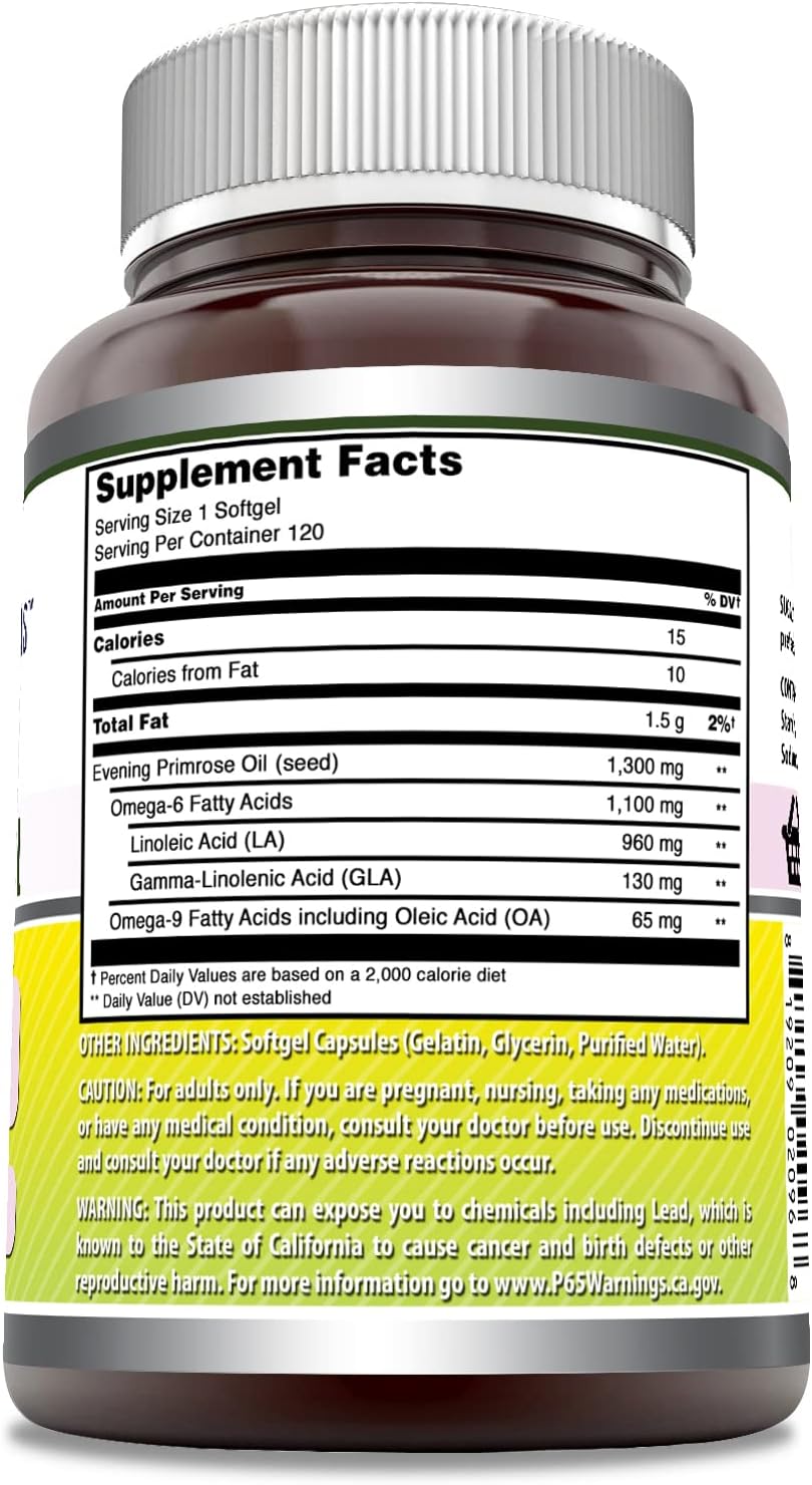 Amazing Formulas Evening Primrose Oil 1300mg, 10% GLA, Softgels Supplement | Hexane Free Cold Pressed Oil | Non-GMO | Gluten Free (120 Count)